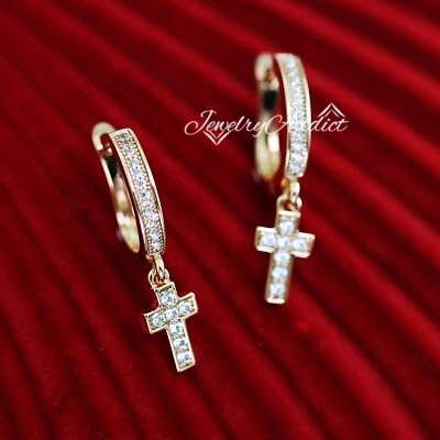 PENDIENTES ARO COLGANTE CRUZ CRISTAL ORO ROSA 9K GF DAMA HOMBRE NIÑA REGALO Foto 1 de 4