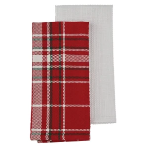 Red Plaid 2Pc Dishtowel Set Cream Red Black Plaid Waffle Weave Park - Picture 1 of 1