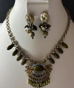 Vtg Statement Pendant Dangle Necklace 16” Green Brown Boho Earrings 1.5” - Picture 1 of 16
