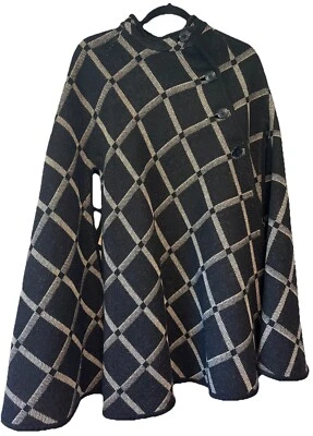 Vintage I. Magnin Cloak Cape Poncho Black Tan Wool Blend 1960s - Image 1 of 4