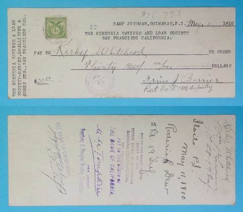 1910 Philippines ~ Camp Jossman, Guimaras $30 Check w/ 4 Centavos Stamp ~ 17 Cover