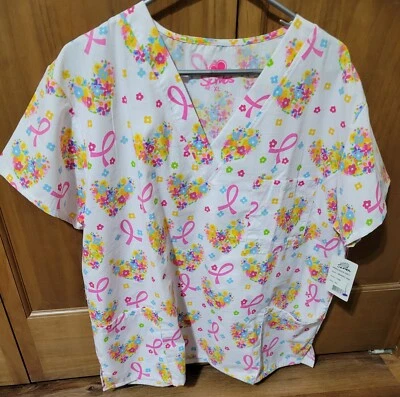 NWT - SZ X-LARGE CUTE FLORAL & PINK RIBBON PRINT SCRUB TOP - Image 1 of 4