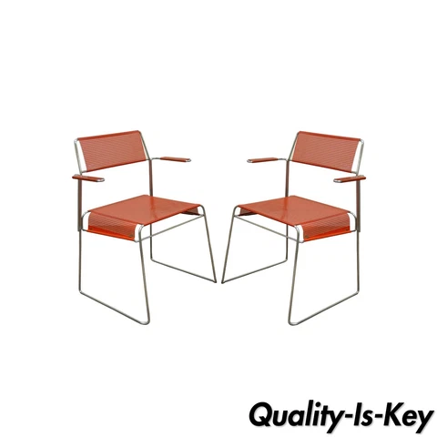 Pair of Vintage Tomado Mid Century Modern Stacking Chrome Metal Mesh Arm Chair A Cover