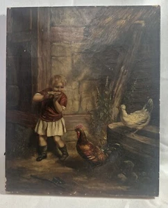 T Vogel Ein Junge Verteidigungshaltung Während er Hähne isst Öl auf Leinwand Gemälde 1870 - Bild 1 von 24