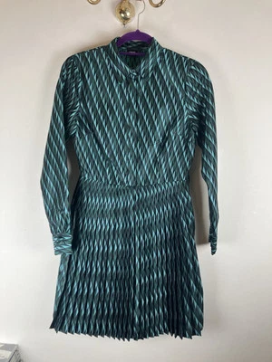 Hermoso Vestido ASOS Verde y Negro Manga Larga Top Abotonado, Falda Plisada Uk8 Foto 1 de 4