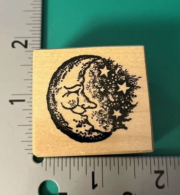 PSX Vintage Crescent Moon And Stars 1988 Rubber Stamp Wood C-881 - Image 1 of 4