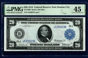 1914š²20 šµ FEDERAL RESERVE NOTE šµ KANASAS CITY š²PMG 45 - Picture 1 of 5