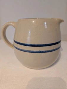 Vintage Marshall Texas Pottery Fat Pitcher Cobalt Blue Strips 6 Inches Tall. - Imagen 1 de 16