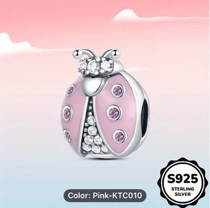 Pink Ladybug Charm Bead For Bracelet - S925 Sterling Silver - Picture 1 of 3
