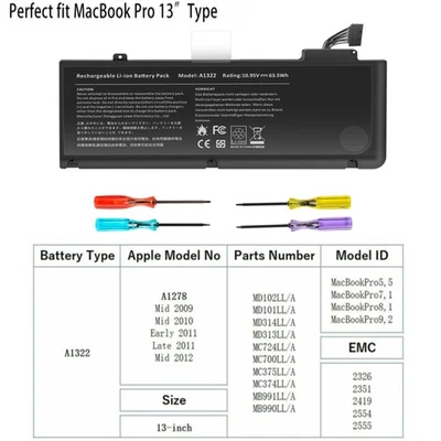 Batería A1322 para portátil Macbook Pro 13 pulgadas A1278 mediados de 2009/2010/2011/2012  Foto 1 de 4