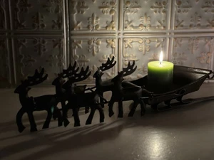 Rustic Metal Sleigh With 5 Reindeer Candle Holder Made In India 21 1/2” Long - Picture 1 of 12