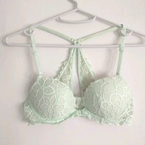 Victorias Secret Date Racer Back Bra 32B Green Floral Lace Front Closure Underwi - Picture 1 of 9