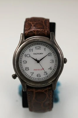 Victory Watch Men Silver Stainless St Brown Leather WR Light Batt White Quartz - Image 1 of 4