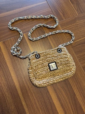 Banana Republic Gold Straw Crossbody Purse Chain Strap Coastal Luxe Boho Chic - Image 1 of 4