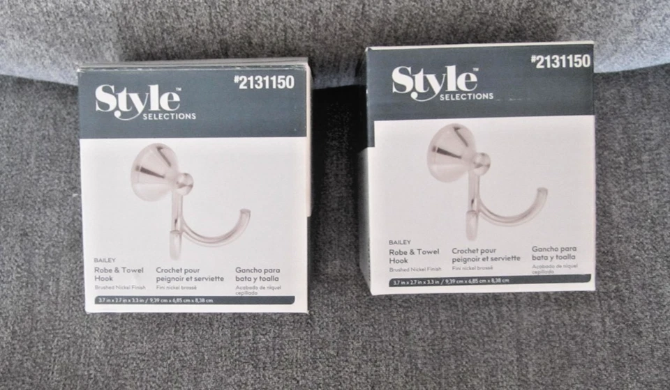 2 - Style Selections #2131150 Bailey Robe & Towel Double Hook Brushed Nickel NEW - Image 1 of 1