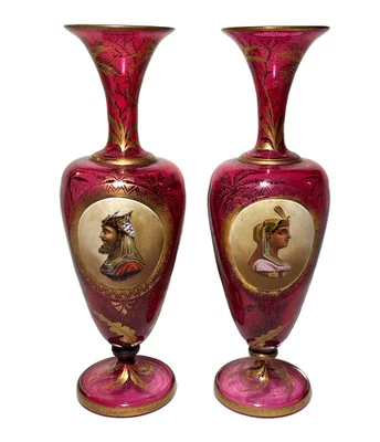 Pair 19th Bohemian Cranberry Oriental Cameo Hand Painted Glass Vases Portraits - Image 1 of 4