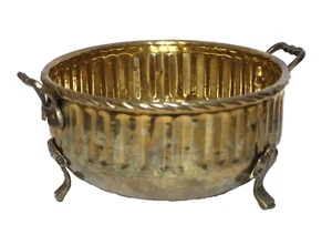 Vintage Hammered Brass Planter Footed Round Bowl with Handles - Picture 1 of 6