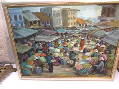 Pintura acrílica del siglo 0 de la escena del mercado chino 1998 firmada Foto 1 de 4