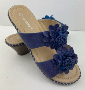 Topway Women's Blue High Wedge Heel Slip On Floral Trim Mules Shoes. UK 5. GC. - Picture 1 of 14