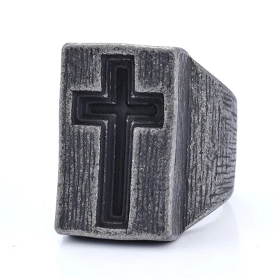 Retro Gray Heavy Cross Religious Ring Stainless Steel Men's Biker Ring Size 7-15 - Image 1 of 2