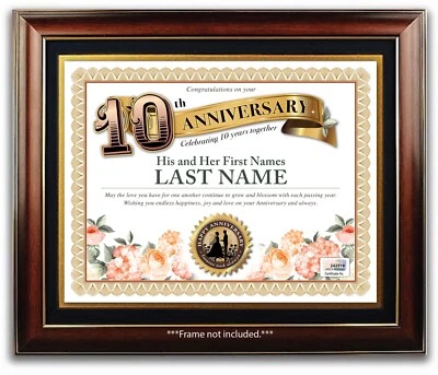 CERTIFICADO PERSONALIZADO FELIZ DÉCIMO ANIVERSARIO BODA - Flores Rosas REGALO Foto 1 de 2