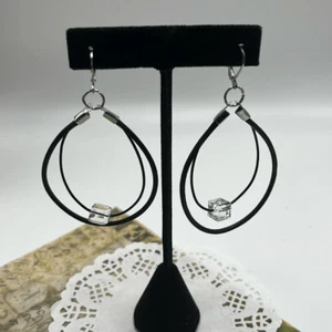 Swarovski Crystal Black Two Leather Cord Dangle Earrings- Handmade NEW - Picture 1 of 10