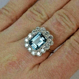 4Ct Emerald Cut Aquamarine & Diamond Halo Engagement Ring 14K White Gold Finish - Picture 1 of 8