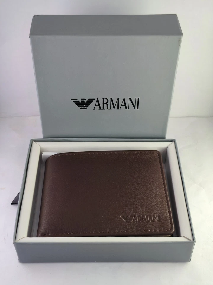Premium Armani Soft Grain Brown Leather Bi-Fold Men's Wallet - Free Shipping - Image 1 of 4