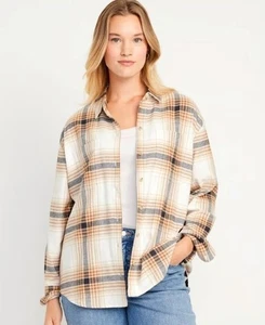 Old Navy The Boyfriend Hemd Damen beige kariert Flanell Western Cowgirl Biker XXL - Bild 1 von 10