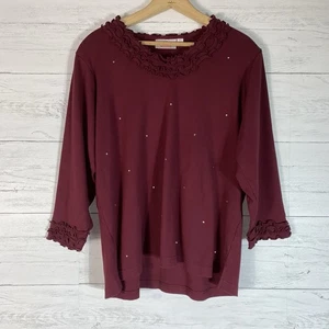Quacker Factory weinrot Strass 3/4 Rüschenärmel Jersey Shirt Oberteil Damen L - Bild 1 von 4