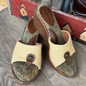 Born Women's Sz 8 Miko Cream Woven Rafia and Brown Leather Wedge Sandals Heels - Picture 1 of 9