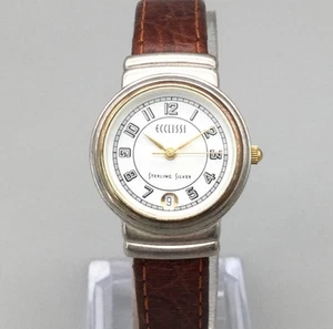 Ecclissi Watch Women 26mm Sterling Silver Tone Date Leather Band New Battery - Picture 1 of 15