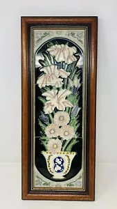 More details for framed tile picture teacup flowers vtg tubelined moorcroft style ga