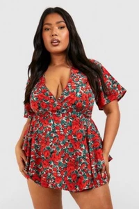 Boohoo Size 18 Floral Wrap Skort Romper Tropical Short Sleeve Casual Comfy - Picture 1 of 15