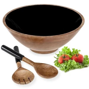 Wooden Black Salad Bowl Set Large 12" With Server Tongs Spoons Black Bowl With S - Picture 1 of 5