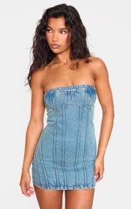 NWT PrettyLittleThing Strapless Corset Seam Denim Bodycon Dress Womens Sz 12 - Picture 1 of 16