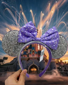 Disney Parks Holiday Purple Bow Minnie Mickey Mouse Silver Sequin Ears Headband - Picture 1 of 6