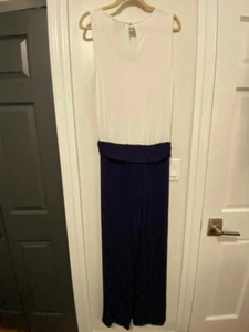 Neiman Marcus Navy & White Jumpsuit Sleeveless Wide Leg Stretchy Large - Picture 1 of 3