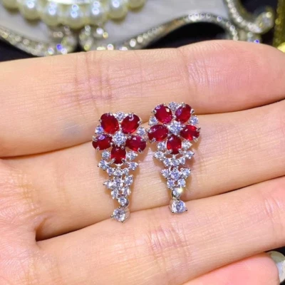 Natural Ruby Earrings Ruby Jewelry  White Gold Plated S925 Sterling Silver Ruby - Image 1 of 4