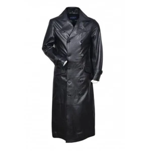 Men's German WW2 Classic Officer Black Real Sheepskin Leather Trench Coat Long - Picture 1 of 5