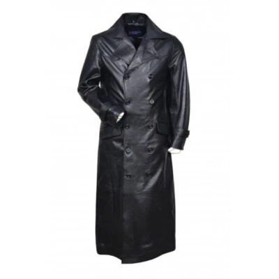Trench cappotto lungo uomo tedesco WW2 classico ufficiale nero vera pelle di ... - Immagine 1 di 4