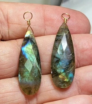 10x30mm Flashy Labradorite Interchangeable Earring Charms Sterling, Rose or YG - Image 1 of 4