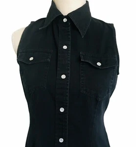 Womens Long Black Jean Shirt Dress Pearl Snap Sleeveless Collard Pockets - Picture 1 of 5