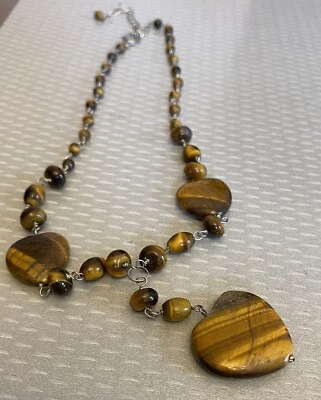 Carved Heart Tigers Eye Gemstone Bead Y Necklace Signed HDNY Silvertone 16" - Image 1 of 4
