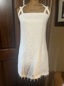 House of Harlow 1960 Damen Leinen Square Neck Perlen Minikleid weiß Größe S Neu mit Etikett - Bild 1 von 9