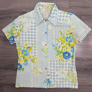 Vintage Patchwork Gingham Blumendruck Knopfleiste Shirt Damen Est Gr. L weiß DEFEKT - Bild 1 von 10