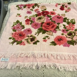 Vtg Pink Cannon Monticello Fringed Bath Towel Printed Roses 24x42" - Picture 1 of 6