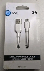 Onn Sync And Charge Cable, With USB To MICRO-USB Connectors 3 Feet New White - Picture 1 of 2