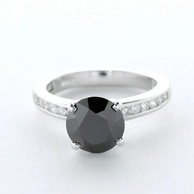 3 1/2ct Black  Round Earth Mined Certified Diamonds 14k  Classic Sidestone Ring - Image 1 of 4
