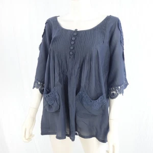 Lagenlook Artsy Blouse Flowy Navy Lace Trim Pintuck Bohemian Silk Cotton Size M - Picture 1 of 22